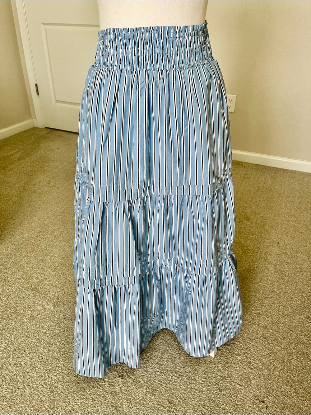 NWT Quince 100% Organic Cotton Poplin Tiered Maxi Skirt in Tribeca Stripe XS